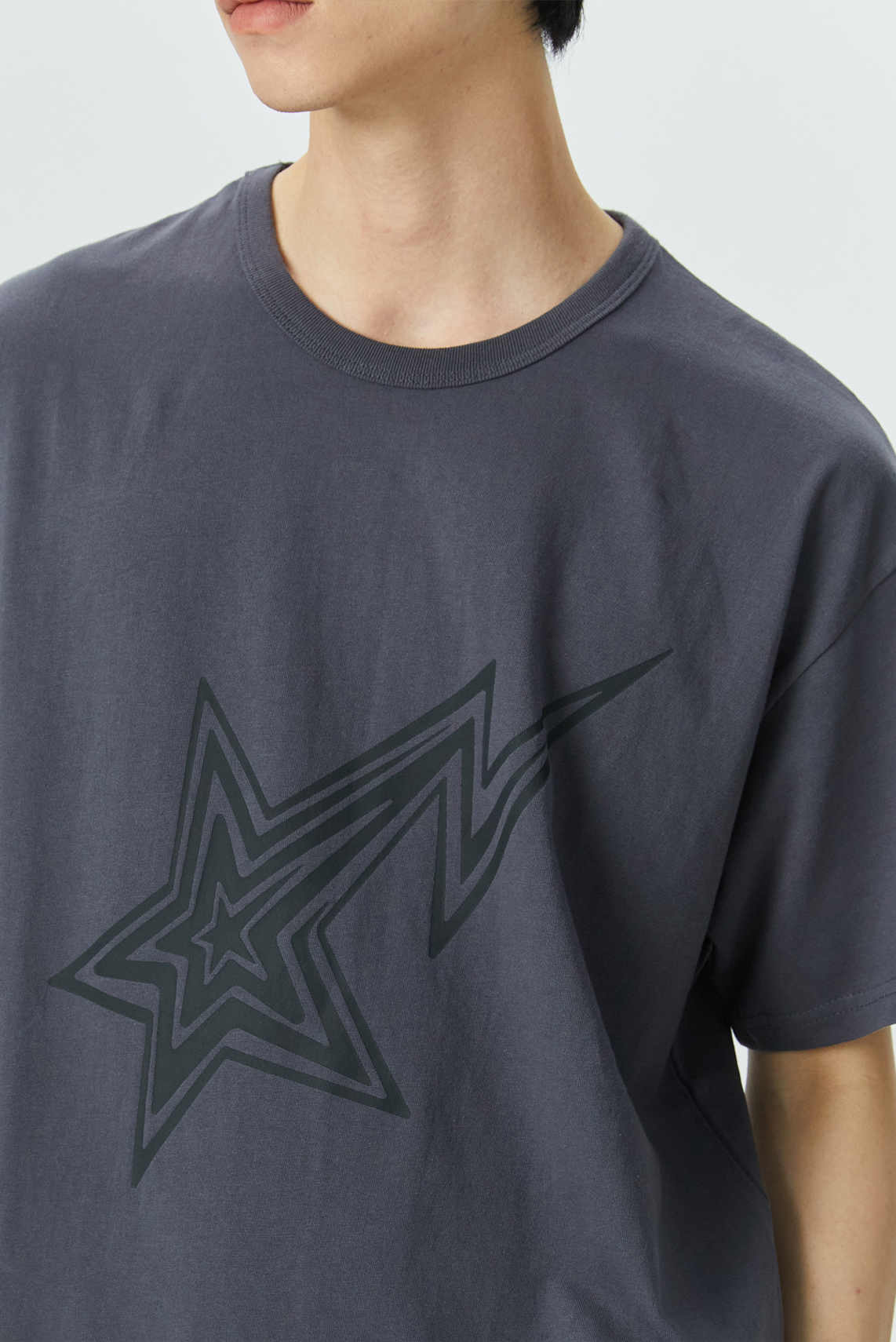 Edition1. 일렉트릭 락 스타 빈티지 프린트 오버핏 반팔 티셔츠 (다크 그레이)